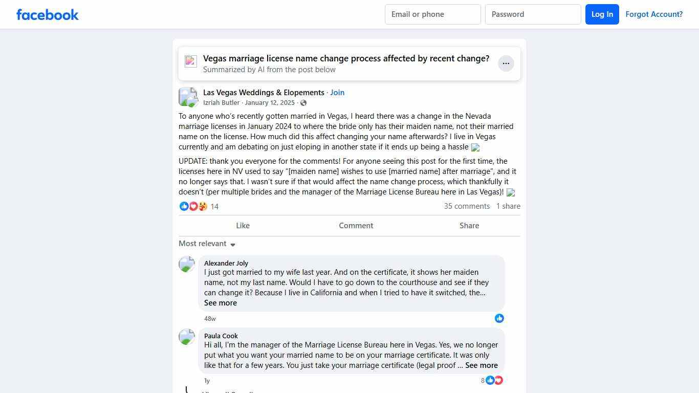 Las Vegas Weddings & Elopements To anyone who’s recently gotten married in Vegas, I heard there was a change in the Nevada marriage licenses in January 2024 to where the bride only... Facebook